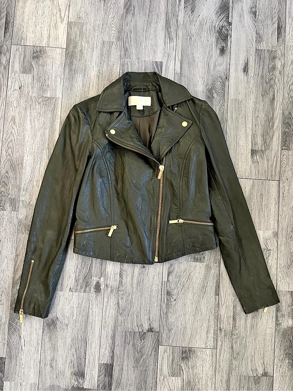 Michael Kors Leather Moto Jacket Forest Green XS